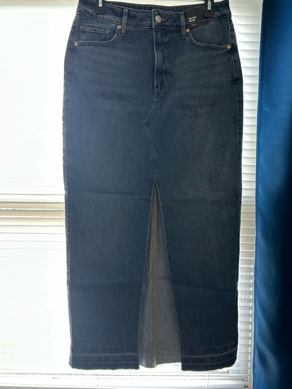 Express Dark Blue Denim Midi Skirt with Front Slit